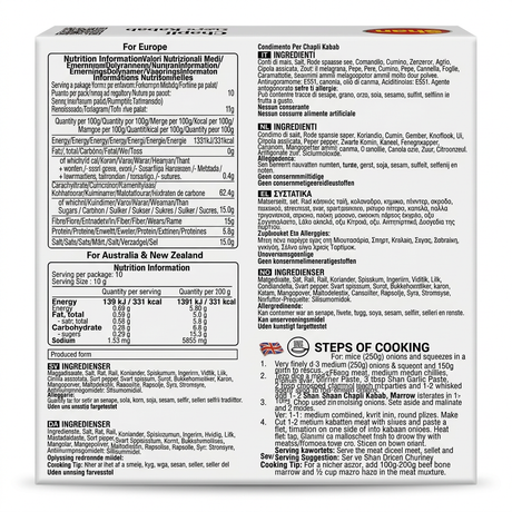 Shan Chappli Kebab Masala Mix by Shan Ground Spices — back view showing ingredients and product details, studio product photo on white background