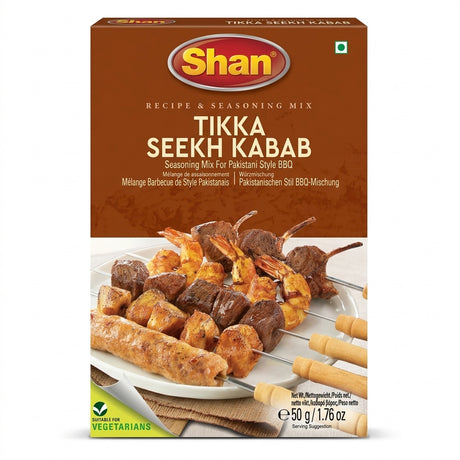Shan Tikka Seekh Kebab Masala Mix by Shan Ground Spices — front view showing product label and branding, studio product photo on white background
