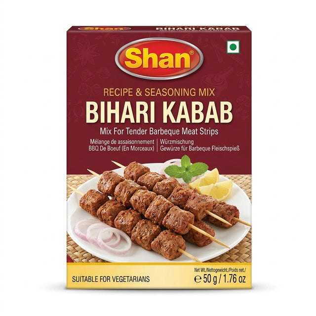 Shan Bihari Kebab Masala Mix by Shan Ground Spices — front view showing product label and branding, studio product photo on white background