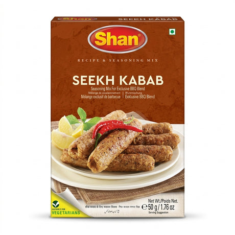 Shan Seekh Kebab Masala Mix by Shan Ground Spices — front view showing product label and branding, studio product photo on white background