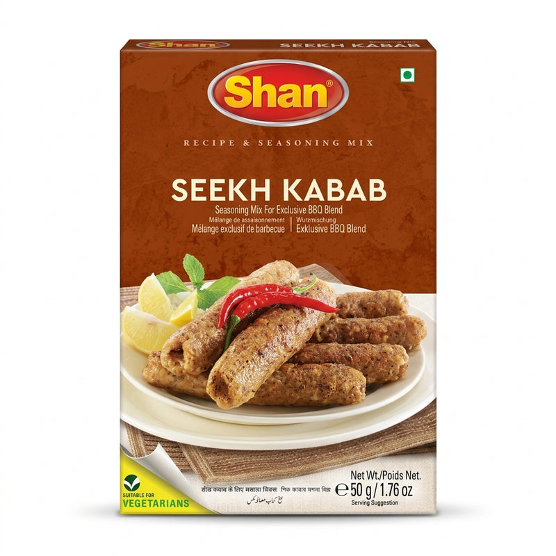Shan Seekh Kebab Masala Mix by Shan Ground Spices — front view showing product label and branding, studio product photo on white background