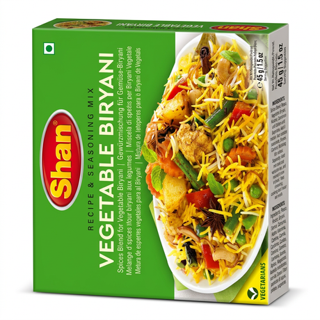 Shan Veg Biryani Spice Mix by Shan Ground Spices — front view showing product label and branding, studio product photo on white background
