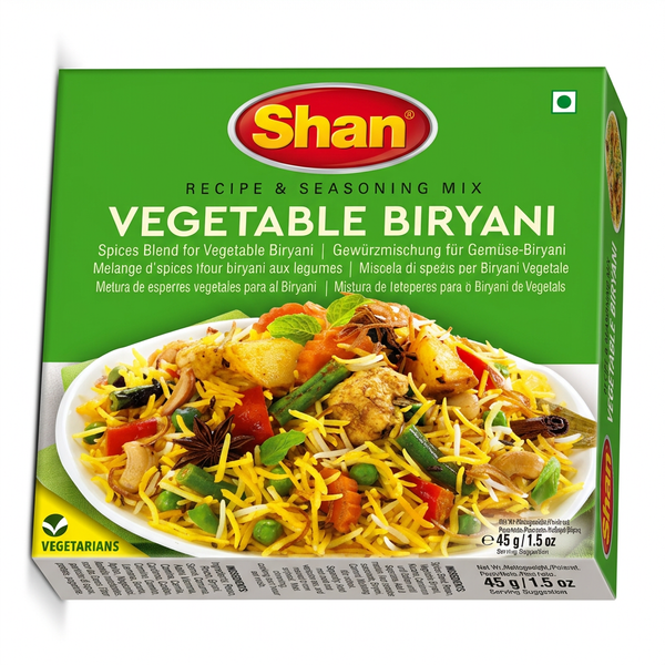 Shan Veg Biryani Spice Mix by Shan Ground Spices — front view showing product label and branding, studio product photo on white background