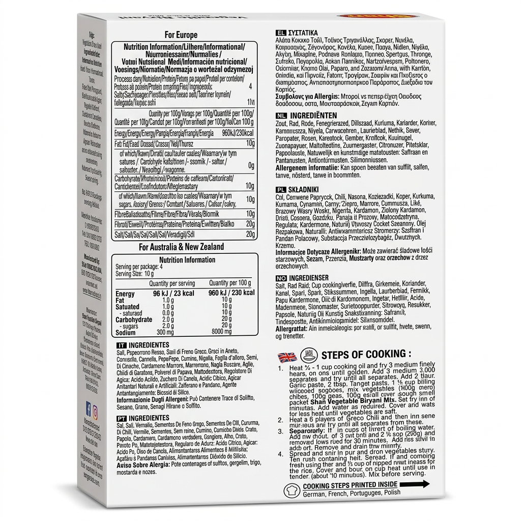 Shan Veg Biryani Spice Mix by Shan Ground Spices — back view showing ingredients and product details, studio product photo on white background