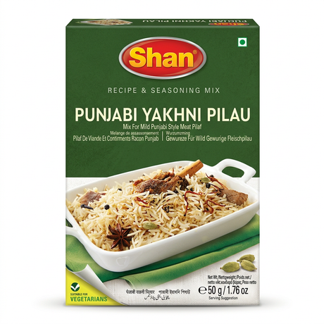 Shan Yakhni Pulao Masala Mix by Shan Ground Spices — front view showing product label and branding, studio product photo on white background