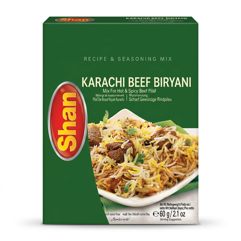 Shan Karachi Beef Biryani Masala Mix by Shan Ground Spices — front view showing product label and branding, studio product photo on white background