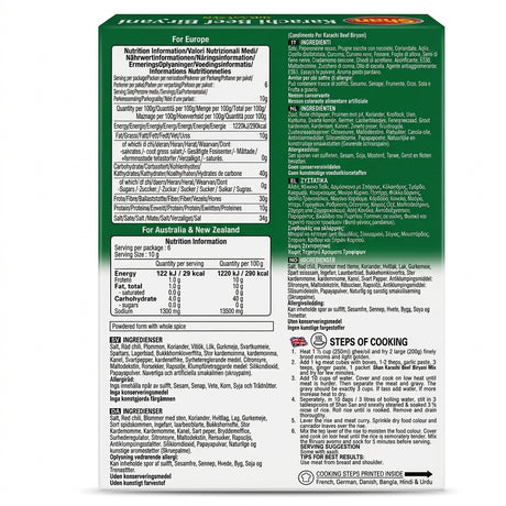 Shan Karachi Beef Biryani Masala Mix by Shan Ground Spices — back view showing ingredients and product details, studio product photo on white background