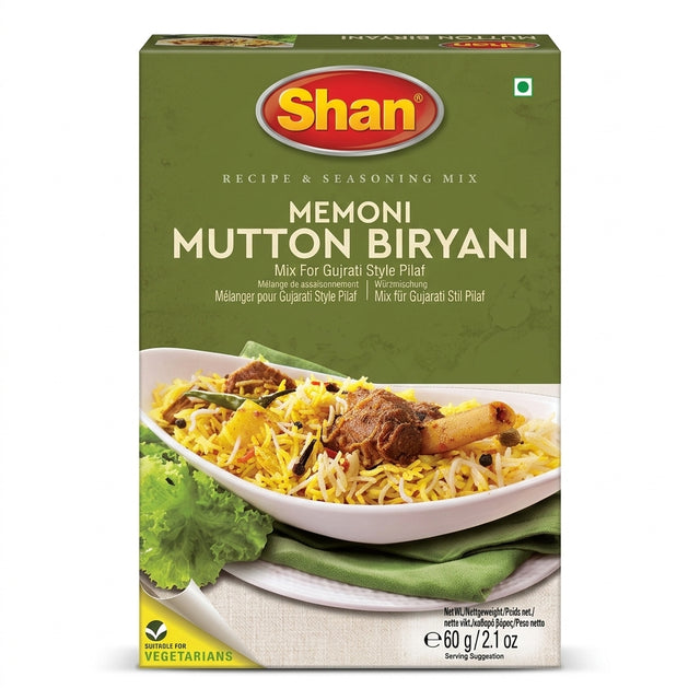 Shan Memoni Mutton Biryani Masala Mix by Shan Ground Spices — front view showing product label and branding, studio product photo on white background
