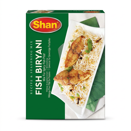 Shan Fish Biryani Mix by Shan Ground Spices — front view showing product label and branding, studio product photo on white background