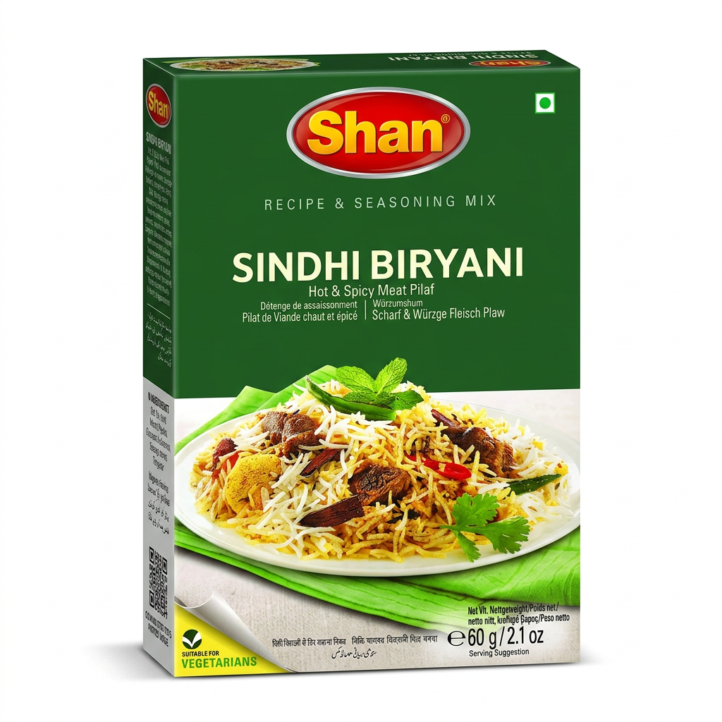 Shan Sindhi Biryani Mix by Shan Ground Spices — front view showing product label and branding, studio product photo on white background