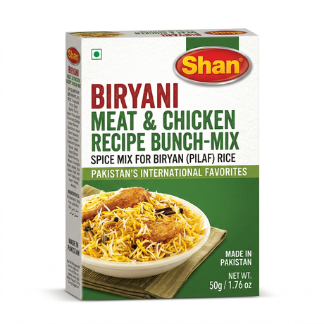 Shan Biryani Masala Mix by Shan Ground Spices — front view showing product label and branding, studio product photo on white background