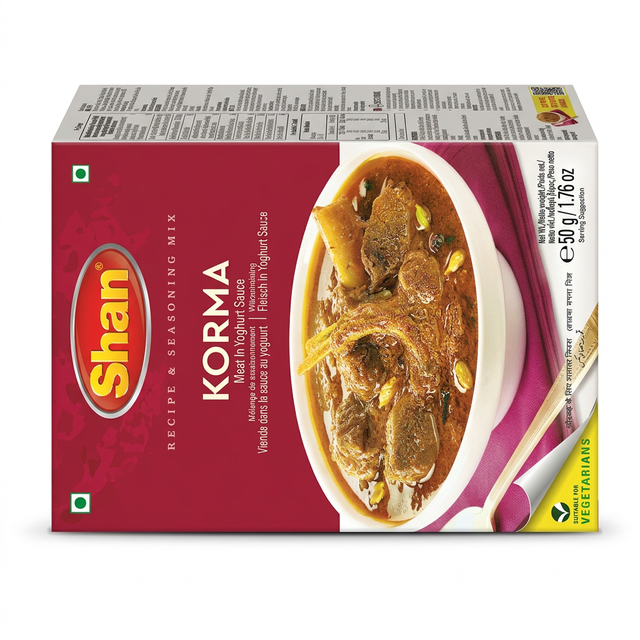 Shan Korma Curry Masala Mix by Shan Ground Spices — front view showing product label and branding, studio product photo on white background