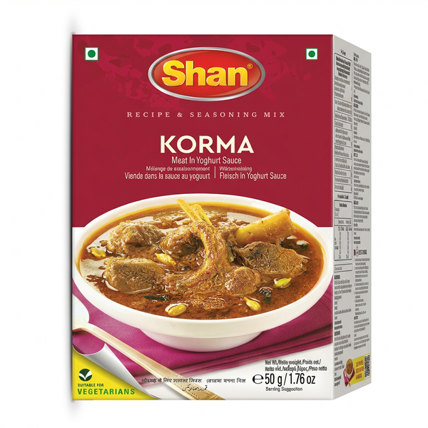 Shan Korma Curry Masala Mix by Shan Ground Spices — front view showing product label and branding, studio product photo on white background