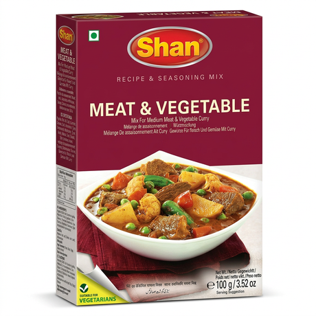 Shan Meat & Vegetable Masala Mix by Shan Ground Spices — front view showing product label and branding, studio product photo on white background
