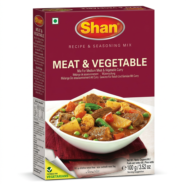 Shan Meat & Vegetable Masala Mix by Shan Ground Spices — front view showing product label and branding, studio product photo on white background