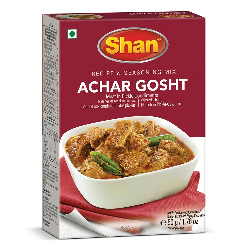 Shan Achar Gosht Masala Mix by Shan Ground Spices — front view showing product label and branding, studio product photo on white background