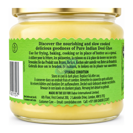 Dabur Organic Ghee by Dabur Ghee & Oils — cooking instructions side panel, studio product photo on white background