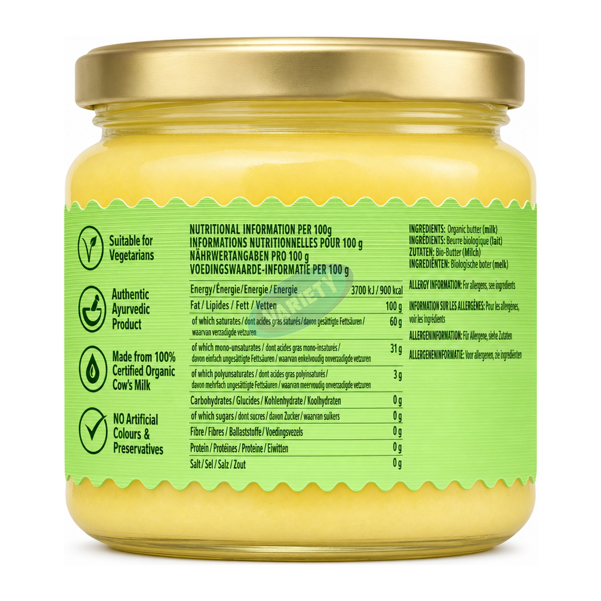 Dabur Organic Ghee by Dabur Ghee & Oils — back view showing ingredients and product details, studio product photo on white background
