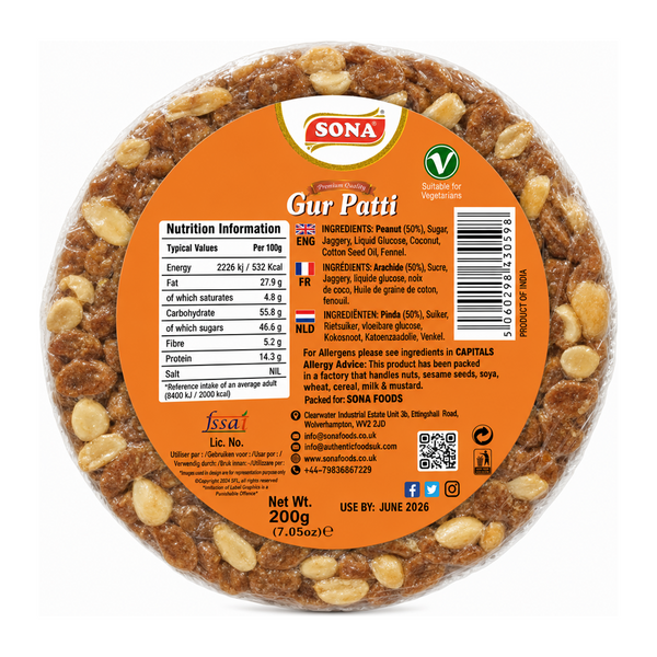 Sona Gur Patti 200g by Sona Sweets — back view showing ingredients and product details, studio product photo on white background