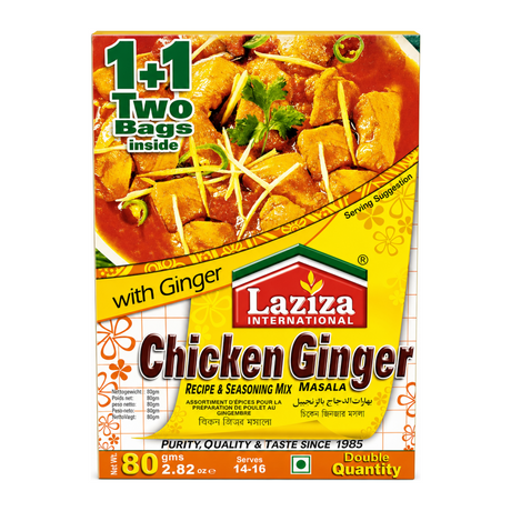 Laziza Chicken Ginger Masala Mix 80g by Laziza Ground Spices — front view showing product label and branding, studio product photo on white background