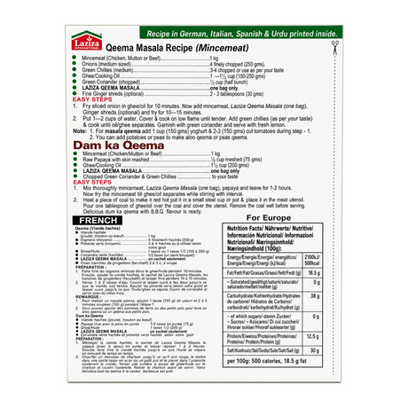 Laziza Keema Curry Masala Mix 100g by Laziza Ground Spices — back view showing ingredients and product details, studio product photo on white background