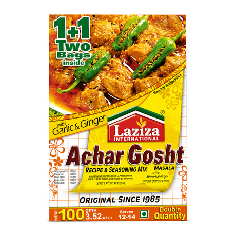 Laziza Achar Gosht Masala Mix 100g by Laziza Ground Spices — front view showing product label and branding, studio product photo on white background