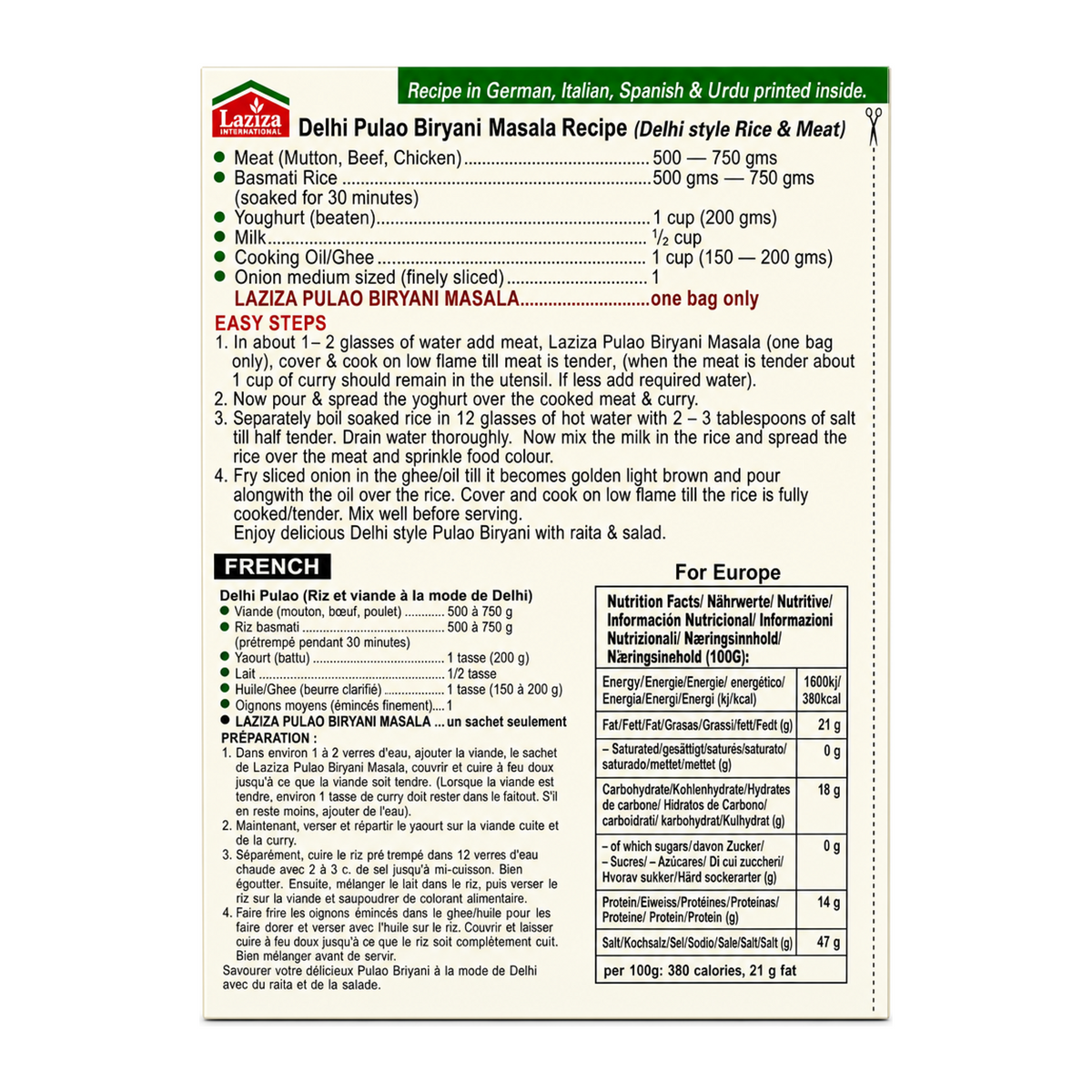 Laziza Delhi Pulao Biryani Masala Mix 100g by Laziza Ground Spices — back view showing ingredients and product details, studio product photo on white background