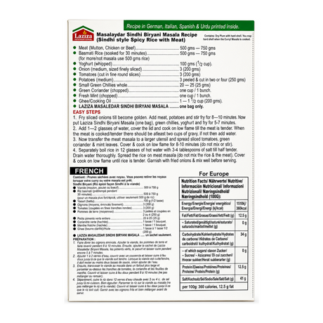 Laziza Sindhi Biryani Mix 130g by Laziza Ground Spices — back view showing ingredients and product details, studio product photo on white background