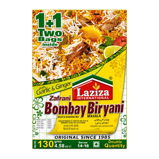 Laziza Bombay Biryani Masala Mix 130g by Laziza Ground Spices — front view showing product label and branding, studio product photo on white background