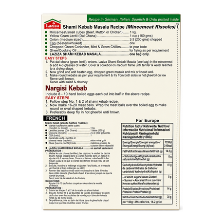 Laziza Shami Kebab Masala Mix 100g by Laziza Ground Spices — back view showing ingredients and product details, studio product photo on white background