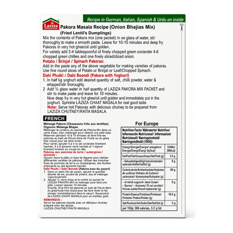 Laziza Pakora Spice Mix 200g by Laziza Ground Spices — back view showing ingredients and product details, studio product photo on white background