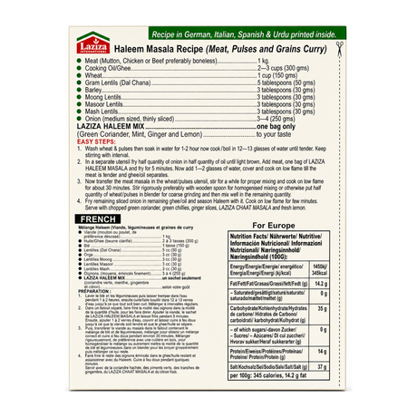 Laziza Haleem Masala Mix 100g by Laziza Ground Spices — back view showing ingredients and product details, studio product photo on white background