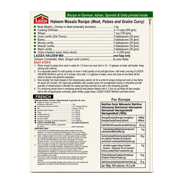 Laziza Haleem Masala Mix 100g by Laziza Ground Spices — back view showing ingredients and product details, studio product photo on white background