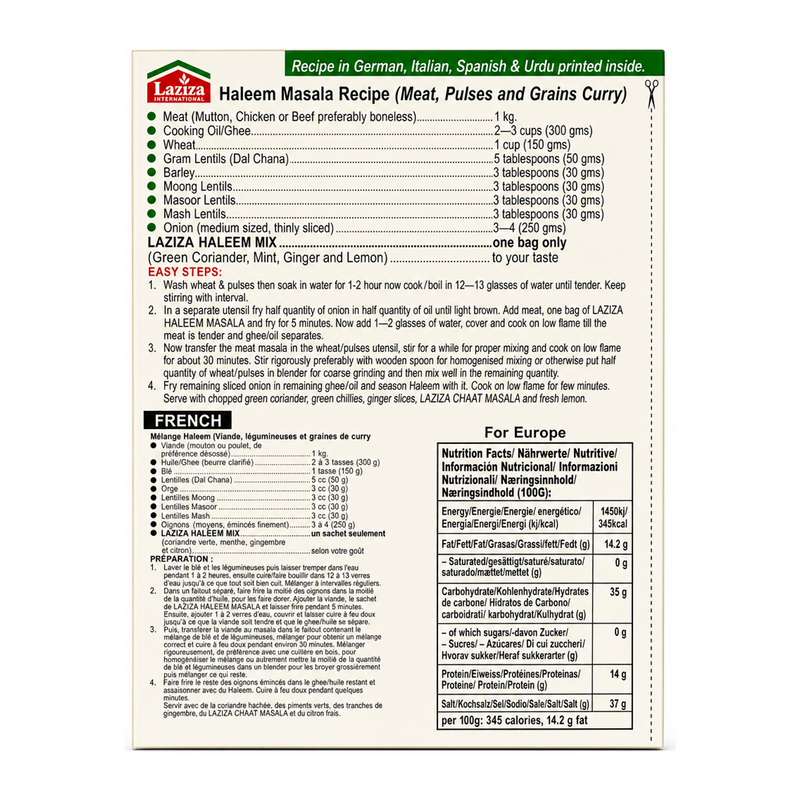 Laziza Haleem Masala Mix 100g by Laziza Ground Spices — back view showing ingredients and product details, studio product photo on white background
