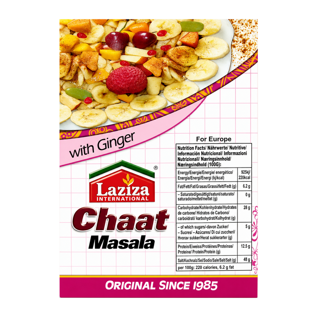 Laziza Chat Masala Mix 100g by Laziza Ground Spices — nutrition facts side panel, studio product photo on white background
