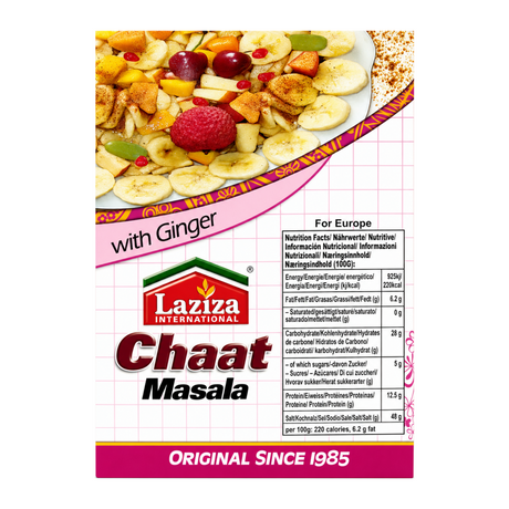 Laziza Chat Masala Mix 100g by Laziza Ground Spices — nutrition facts side panel, studio product photo on white background