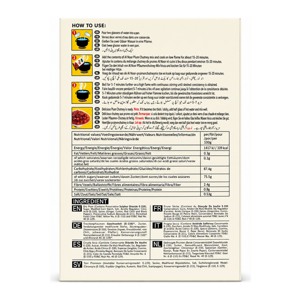 Al Noor Plum Chutney 275g by Al Noor Sauces & Pastes — back view showing ingredients and product details, studio product photo on white background