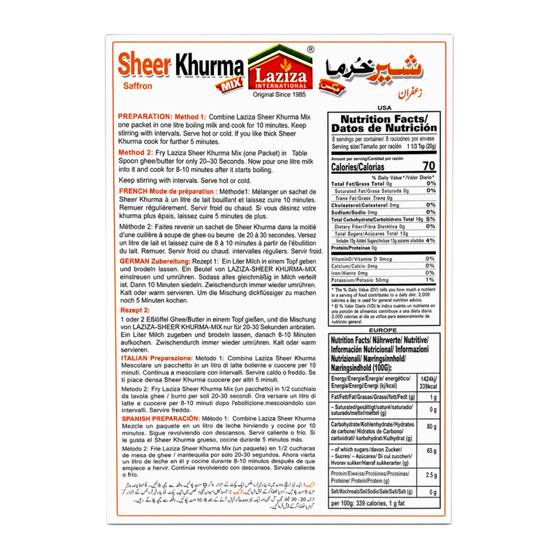 Laziza Kesar Sheer Khurma Mix 160g by Laziza Ready Mixes — back view showing ingredients and product details, studio product photo on white background