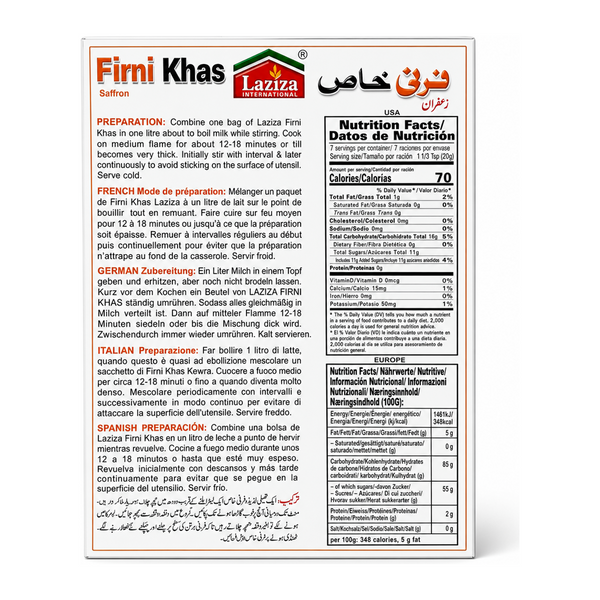 Laziza Firni Khas Saffron Rice Pudding 150g by Laziza Ready Mixes — back view showing ingredients and product details, studio product photo on white background
