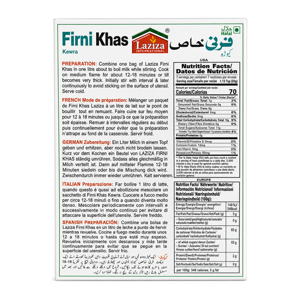 Laziza Firni Khas Kewra Rice Pudding 150g by Laziza Ready Mixes — back view showing ingredients and product details, studio product photo on white background