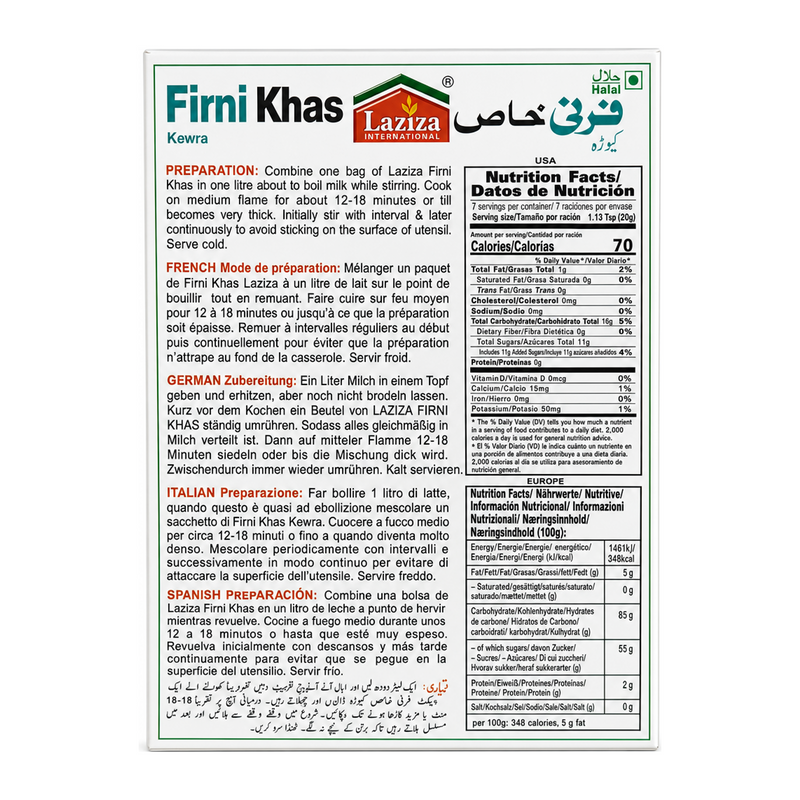 Laziza Firni Khas Kewra Rice Pudding 150g by Laziza Ready Mixes — back view showing ingredients and product details, studio product photo on white background