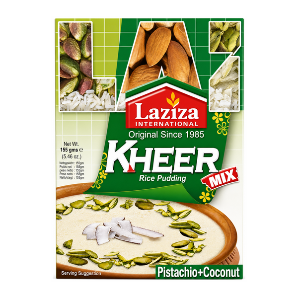 Laziza Pistachio & Coconut Kheer Mix 155g by Laziza Ready Mixes — front view showing product label and branding, studio product photo on white background