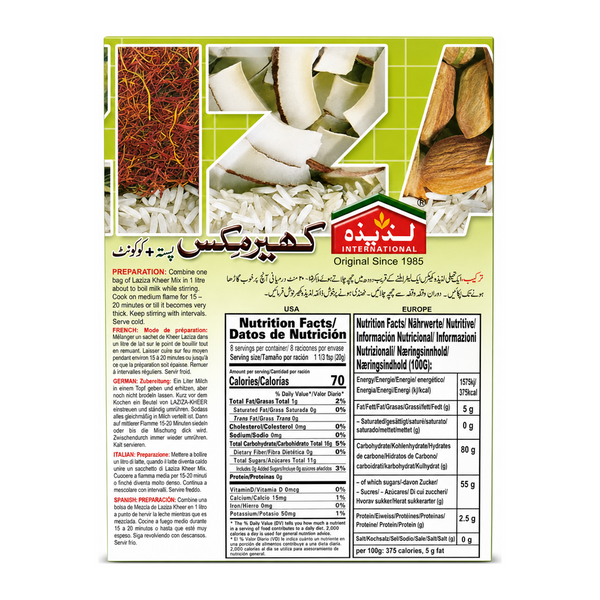 Laziza Pistachio & Coconut Kheer Mix 155g by Laziza Ready Mixes — back view showing ingredients and product details, studio product photo on white background