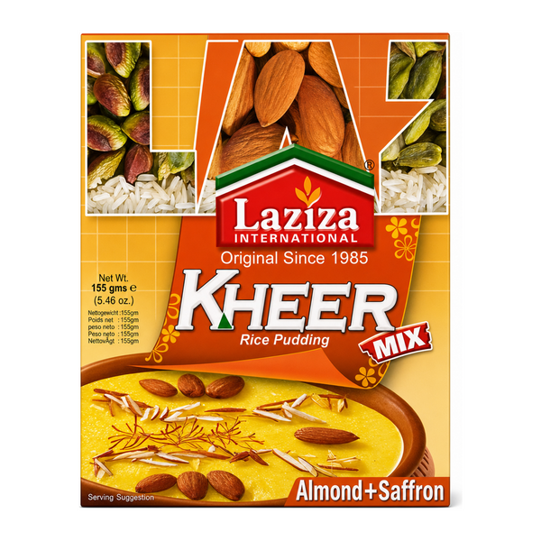 Laziza Almond & Saffron Kheer Mix 155g by Laziza Ready Mixes — front view showing product label and branding, studio product photo on white background