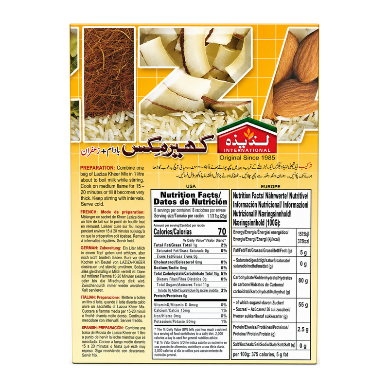 Laziza Almond & Saffron Kheer Mix 155g by Laziza Ready Mixes — back view showing ingredients and product details, studio product photo on white background
