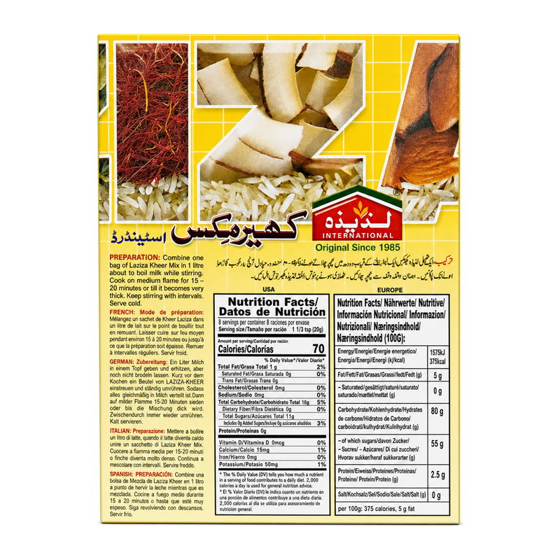 Laziza Standard Kheer Mix 155g by Laziza Ready Mixes — back view showing ingredients and product details, studio product photo on white background