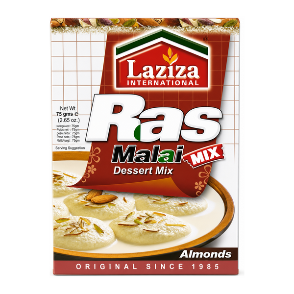 Laziza Almond Rasmalai 75g by Laziza Sweets — front view showing product label and branding, studio product photo on white background