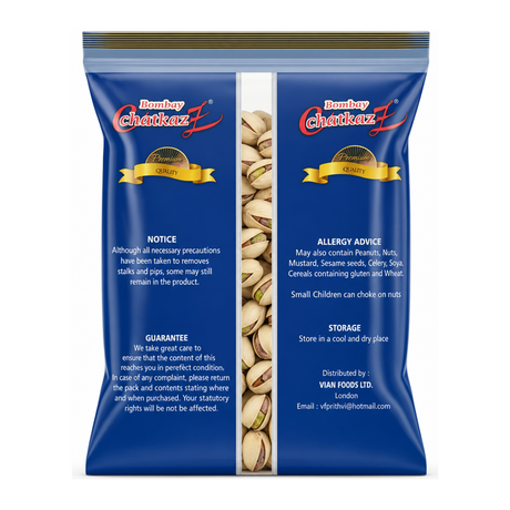 Bombay Chatkaz Pistachio 300g by Bombay Chatkaz Dry Fruits & Nuts — back view showing ingredients and product details, studio product photo on white background
