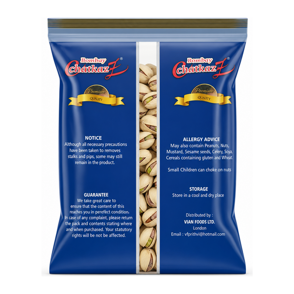 Bombay Chatkaz Pistachio 300g by Bombay Chatkaz Dry Fruits & Nuts — back view showing ingredients and product details, studio product photo on white background