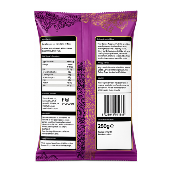 Fudco Assorted Mix Nuts 250g by Fudco Dry Fruits & Nuts — back view showing ingredients and product details, studio product photo on white background